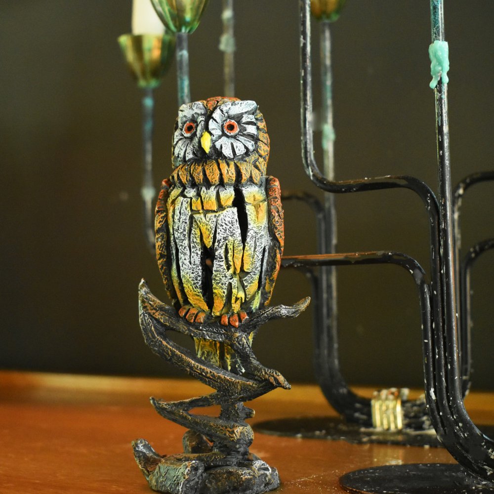 8" Brown Yellow And White Resin Owl Tabletop Sculpture