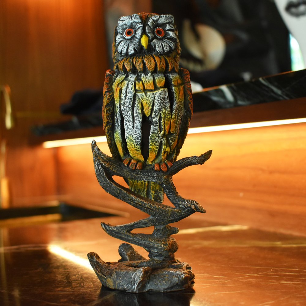 8" Brown Yellow And White Resin Owl Tabletop Sculpture