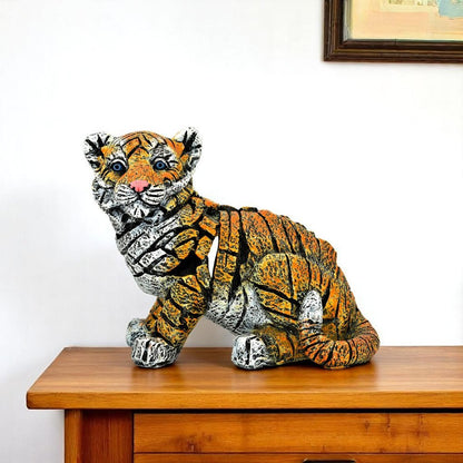 5" Orange White And Black Resin Tiger Tabletop Sculpture