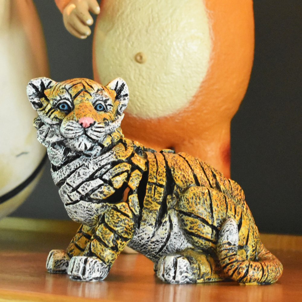 5" Orange White And Black Resin Tiger Tabletop Sculpture