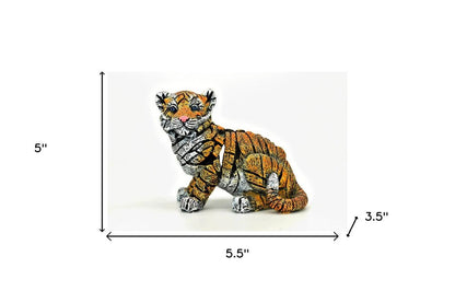 5" Orange White And Black Resin Tiger Tabletop Sculpture