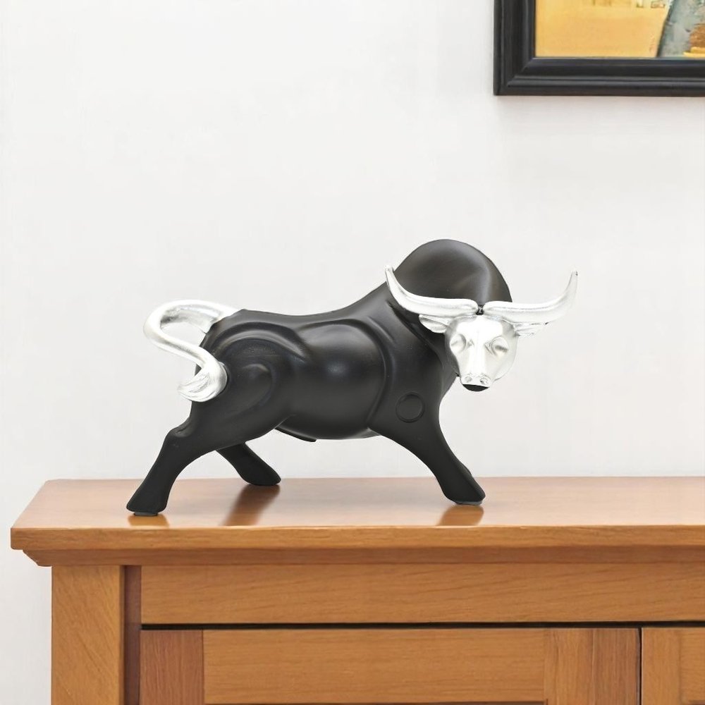 5" Black And Silver Resin Bull Tabletop Sculpture