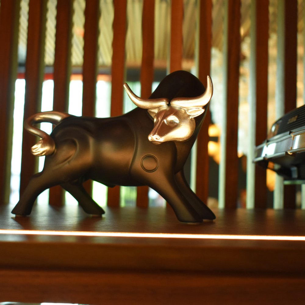 5" Black And Silver Resin Bull Tabletop Sculpture