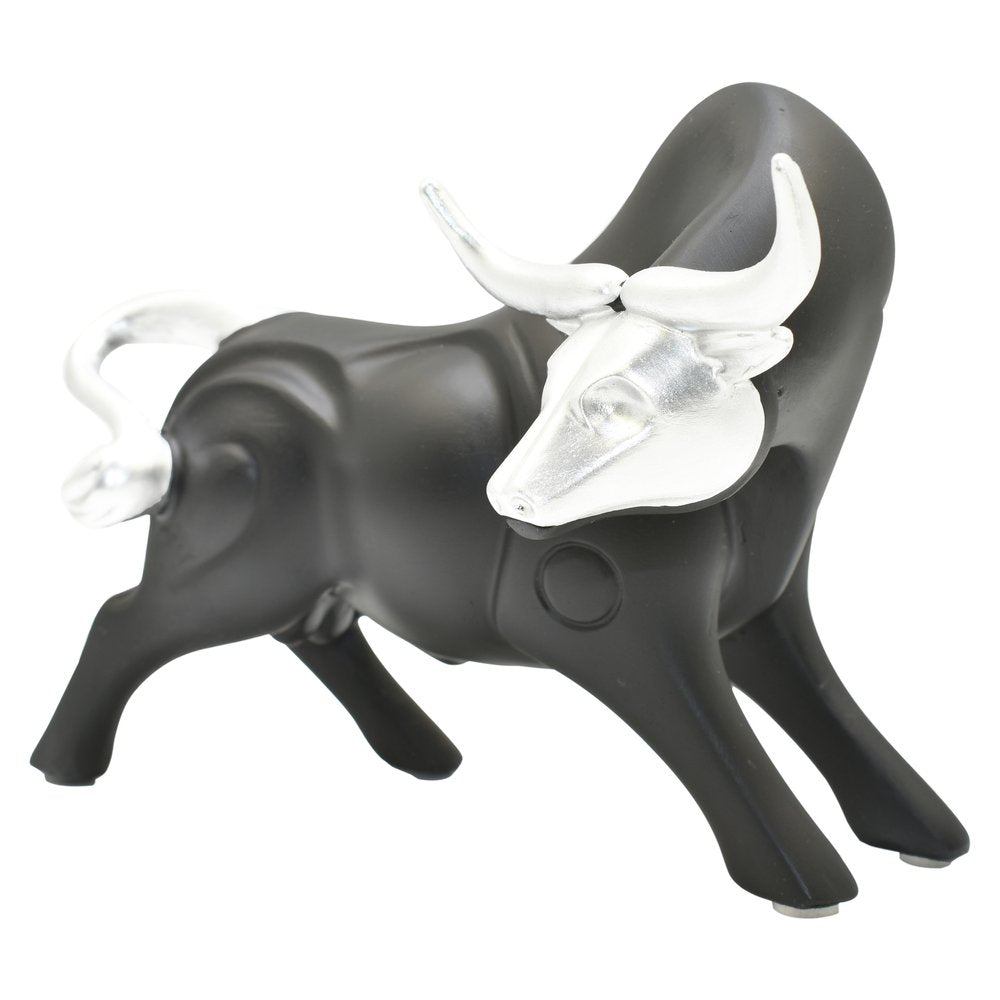 5" Black And Silver Resin Bull Tabletop Sculpture