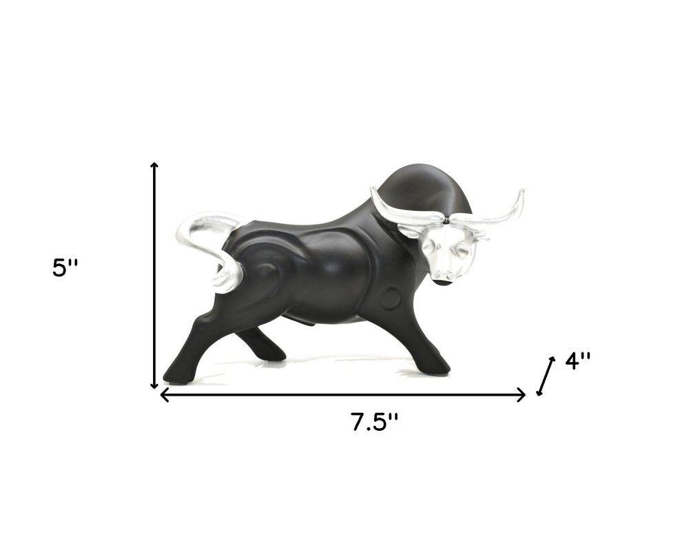 5" Black And Silver Resin Bull Tabletop Sculpture