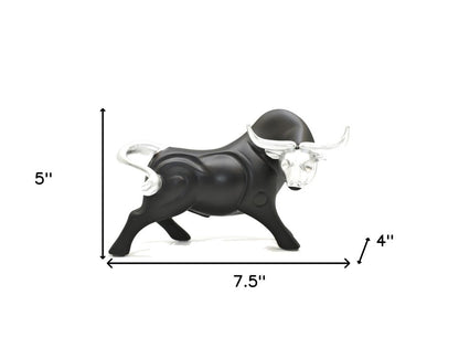 5" Black And Silver Resin Bull Tabletop Sculpture