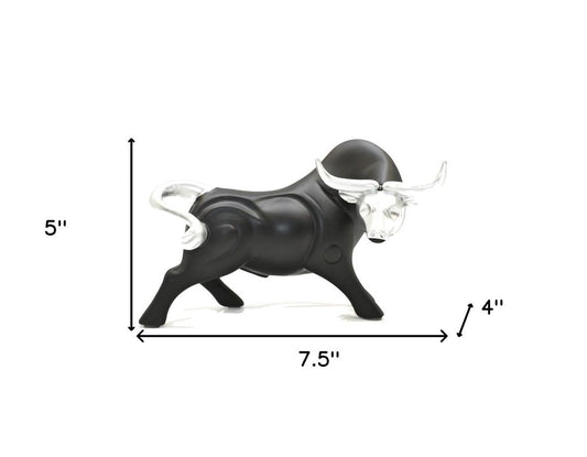 5" Black And Silver Resin Bull Tabletop Sculpture