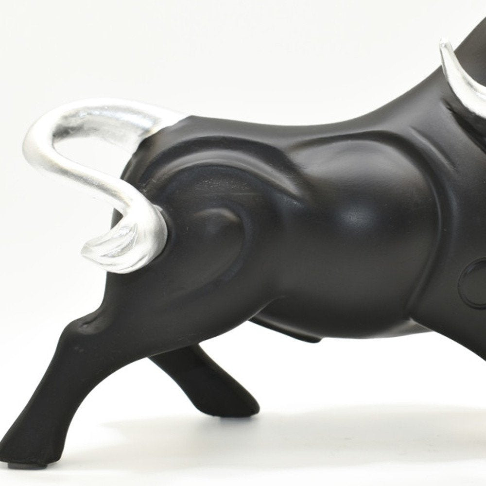 5" Black And Silver Resin Bull Tabletop Sculpture