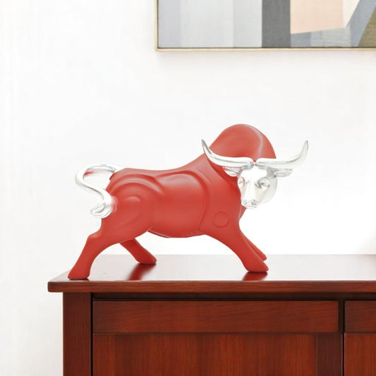 5" Red And Silver Resin Bull Tabletop Sculpture