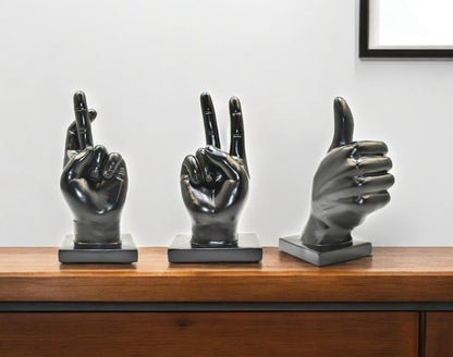 Set of Three Black Resin Hand Tabletop Sculpture