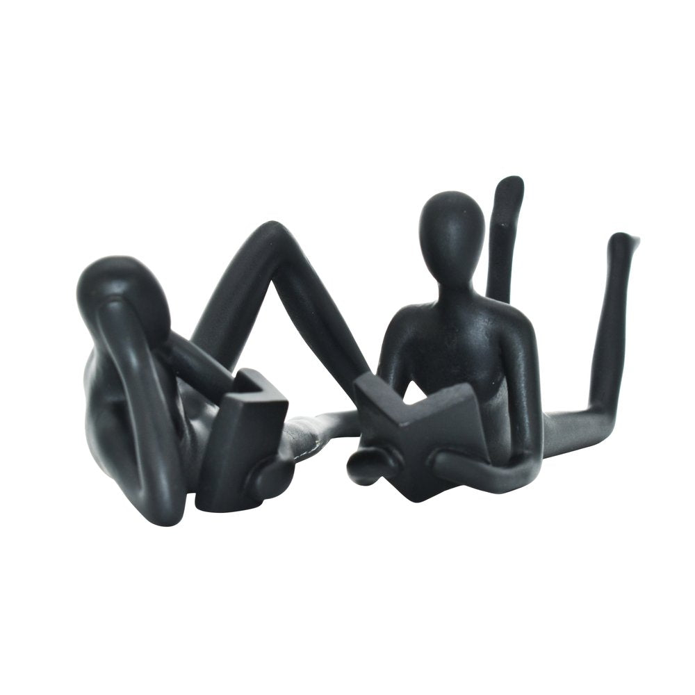 Set of Two Black Resin People Tabletop Sculpture