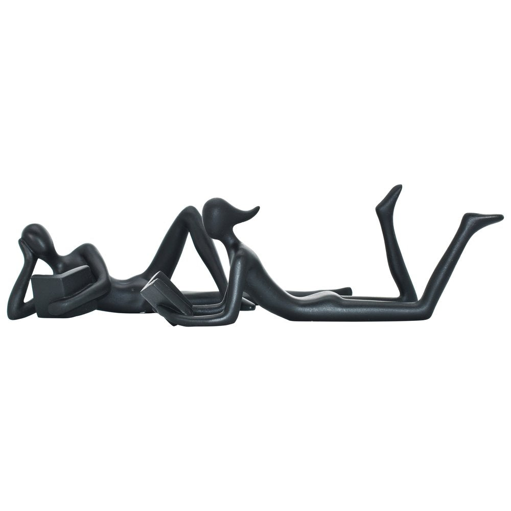 Set of Two Black Resin People Tabletop Sculpture
