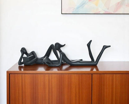 Set of Two Black Resin People Tabletop Sculpture