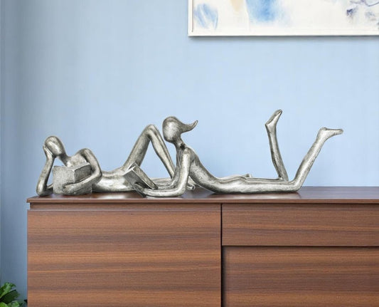Set of Two Pewter Resin People Tabletop Sculpture