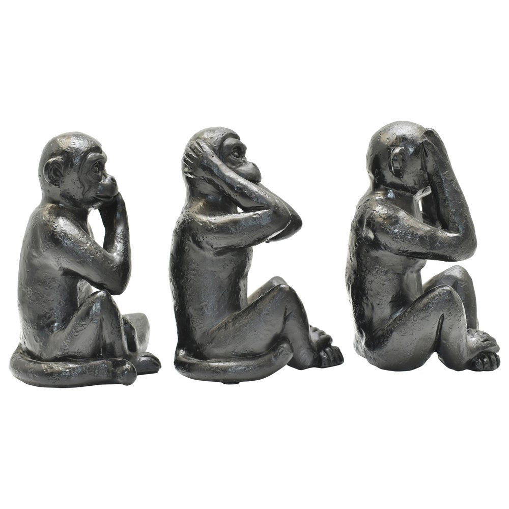 Set of Three Black Resin Monkey Tabletop Sculpture