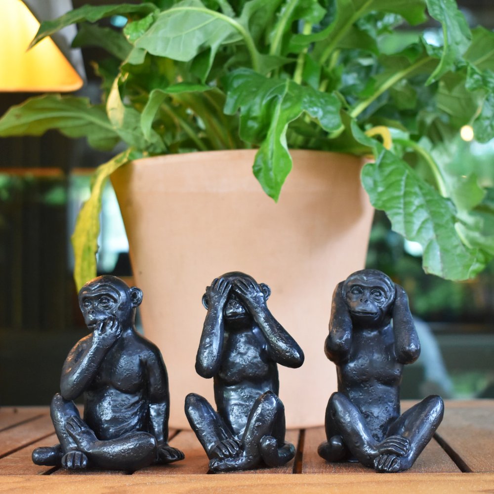 Set of Three Black Resin Monkey Tabletop Sculpture