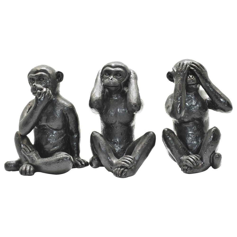 Set of Three Black Resin Monkey Tabletop Sculpture