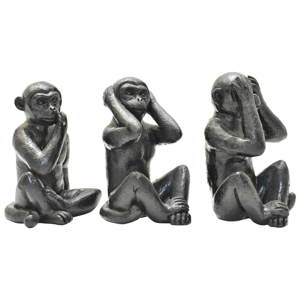 Set of Three Black Resin Monkey Tabletop Sculpture