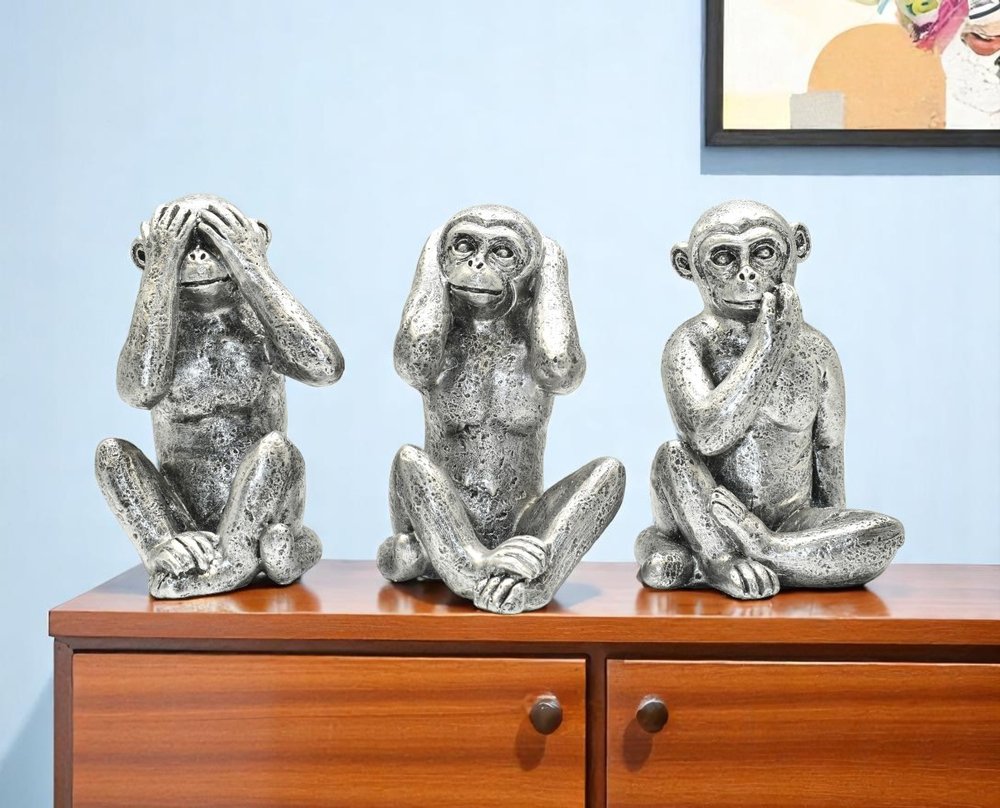 Set of Three Silver Resin Monkey Tabletop Sculpture