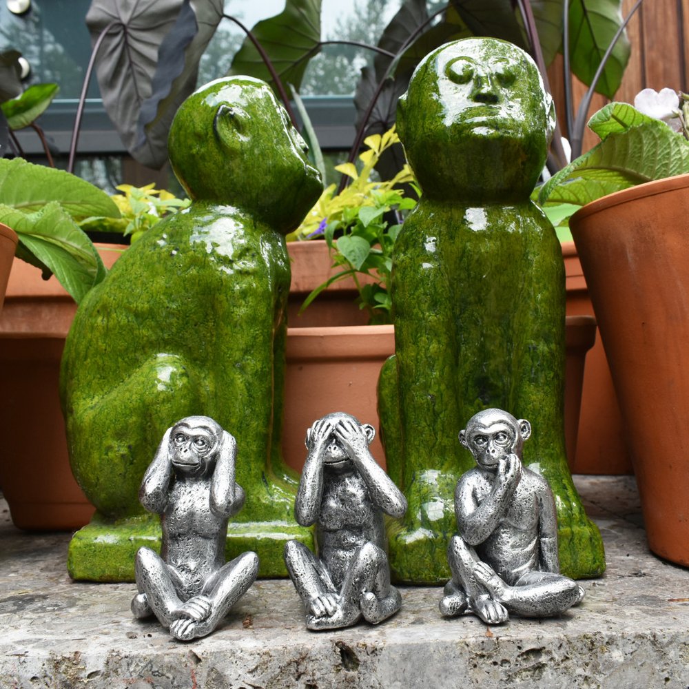 Set of Three Silver Resin Monkey Tabletop Sculpture