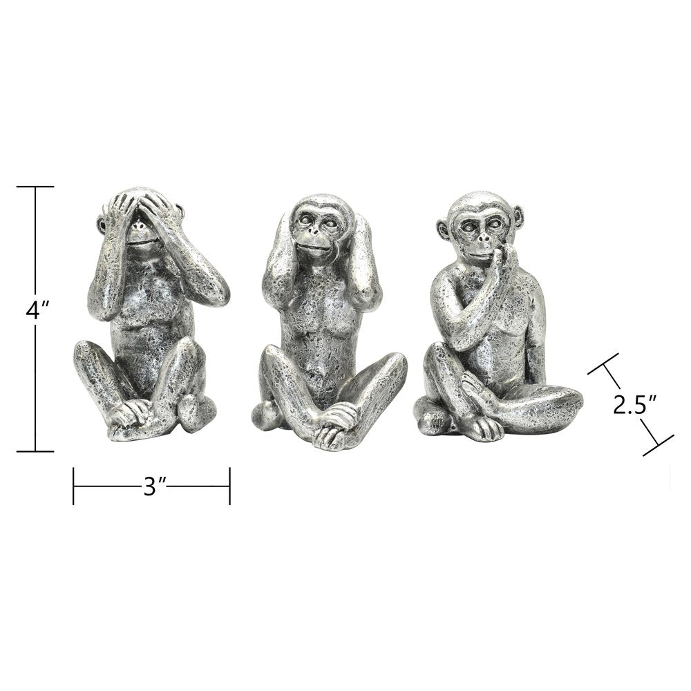 Set of Three Silver Resin Monkey Tabletop Sculpture