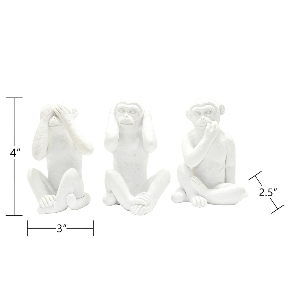Set of Three White Resin Monkey Tabletop Sculpture