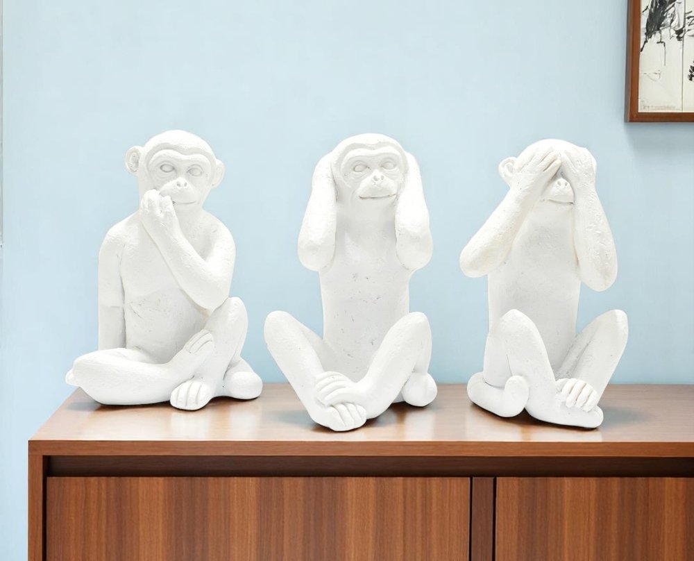 Set of Three White Resin Monkey Tabletop Sculpture