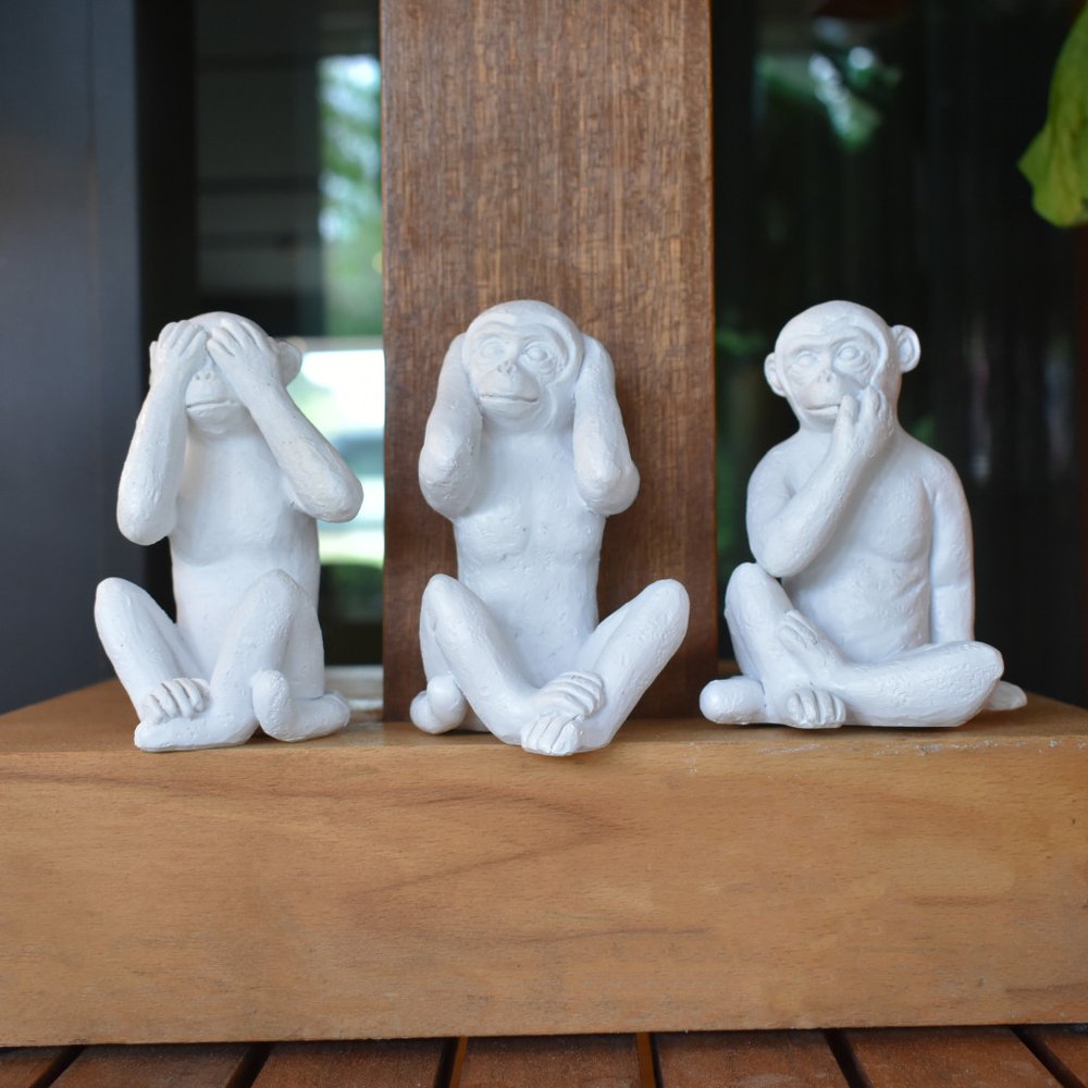 Set of Three White Resin Monkey Tabletop Sculpture