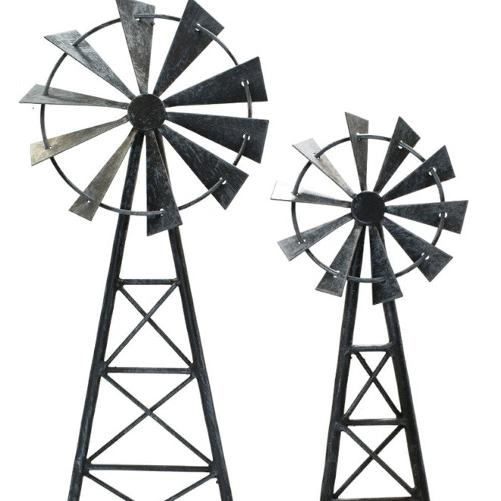 Set of Two Pewter Metal Windmill Tabletop Sculpture