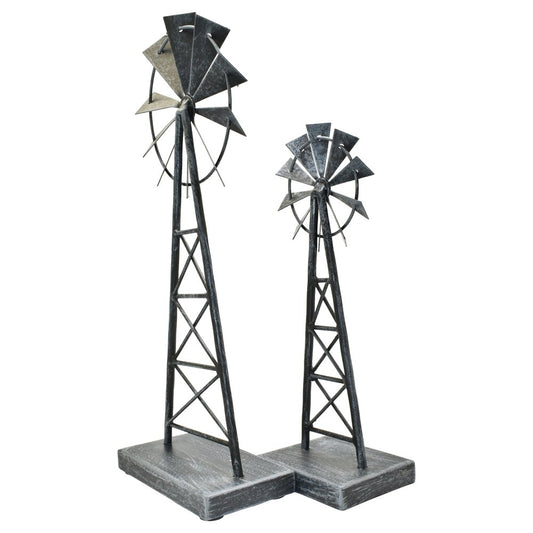 Set of Two Pewter Metal Windmill Tabletop Sculpture
