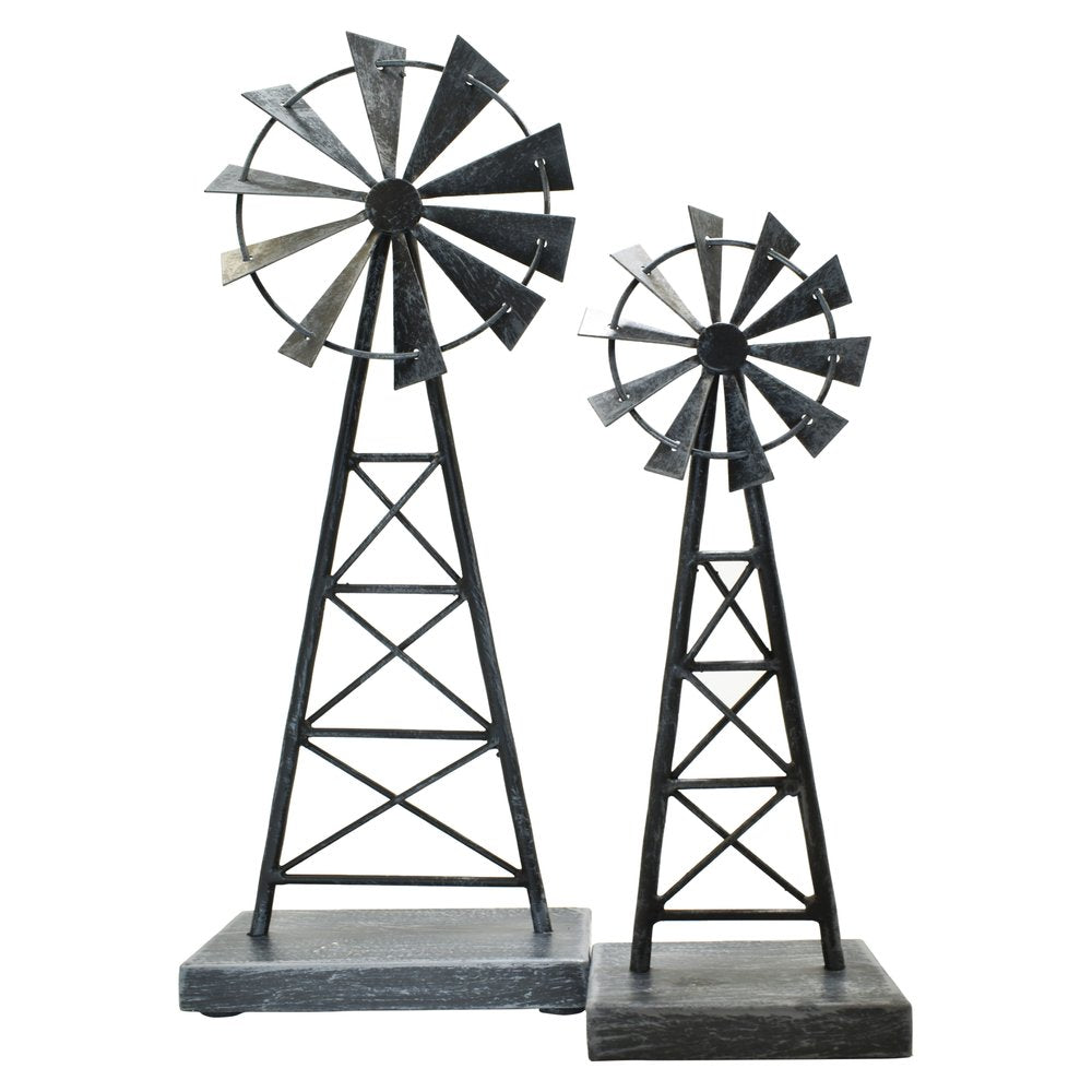 Set of Two Pewter Metal Windmill Tabletop Sculpture