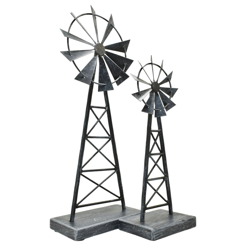 Set of Two Pewter Metal Windmill Tabletop Sculpture