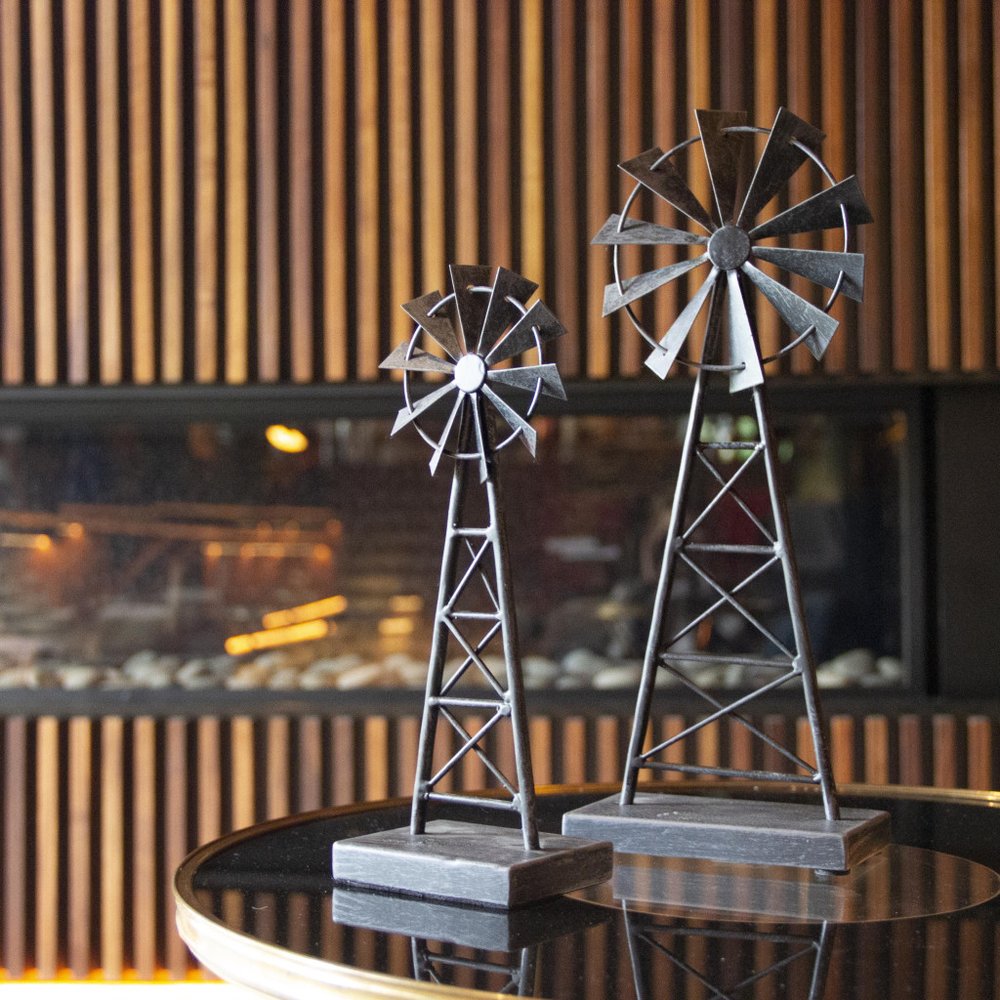 Set of Two Pewter Metal Windmill Tabletop Sculpture