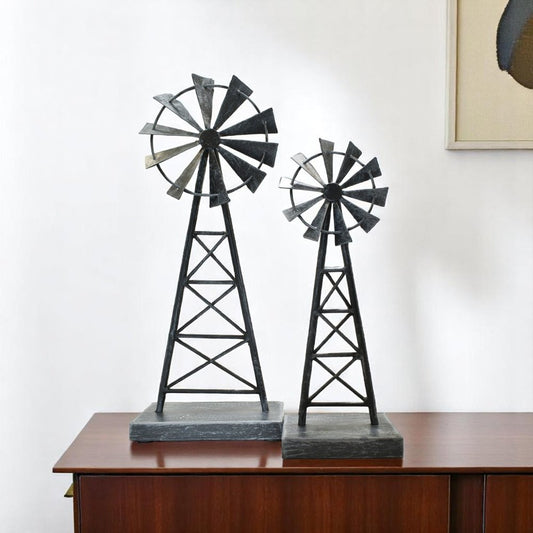 Set of Two Pewter Metal Windmill Tabletop Sculpture