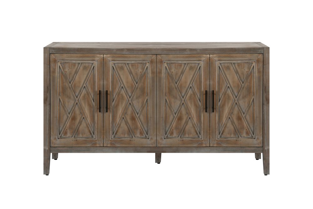 60" Natural and Brown Distressed Carved Geometric Sideboard with Four Doors