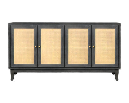 65" Charcoal and Natural Wood and Rattan Sideboard with Four Doors