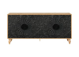 68" Natural and Black Distressed Carved Floral Sideboard with Four Doors