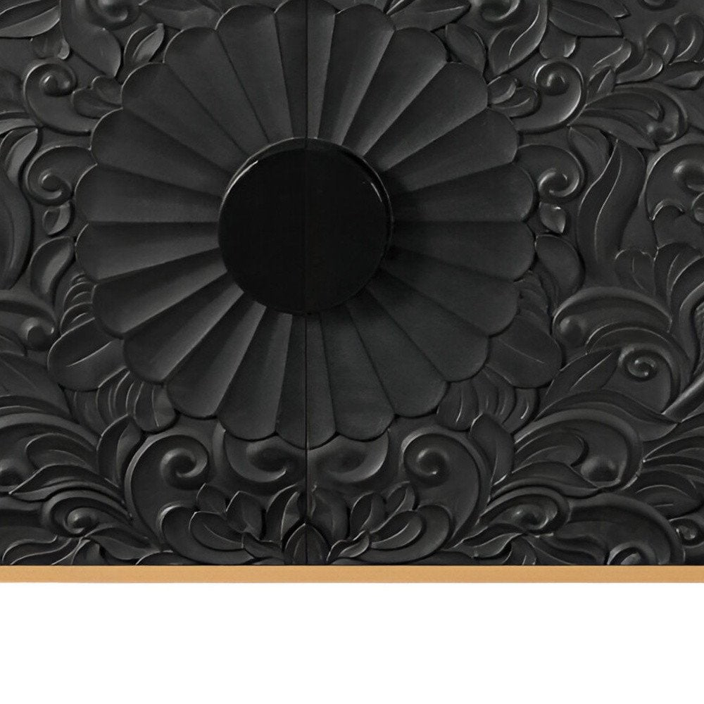 68" Natural and Black Distressed Carved Floral Sideboard with Four Doors