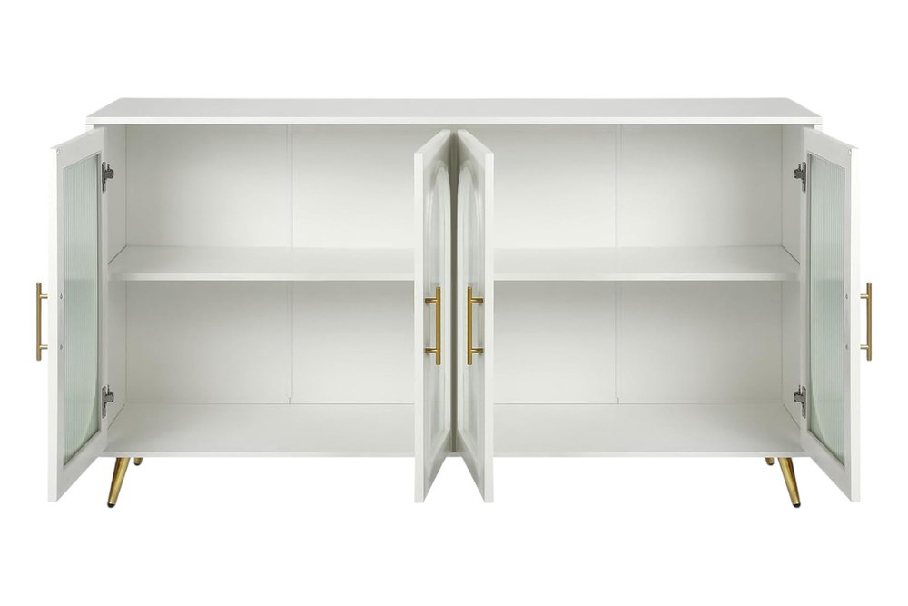60" White Ribbed Texture Wood And Glass Sideboard with Four Doors