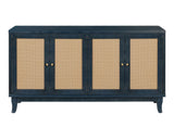 60" Blue Wood And Rattan Distressed Sideboard with Four Doors