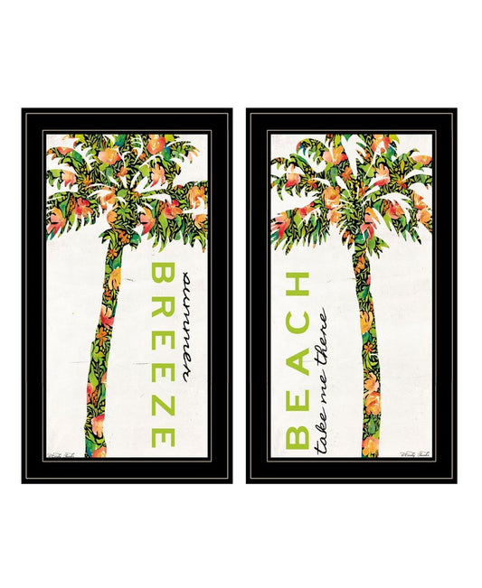 Set Of Two Summer Breeze Funky Palm Trees Black Framed Wall Art