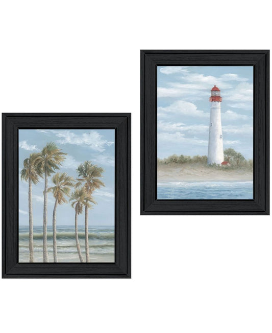 Set Of Two Cape May Lighthouse And Palm Trees Black Framed Wall Art