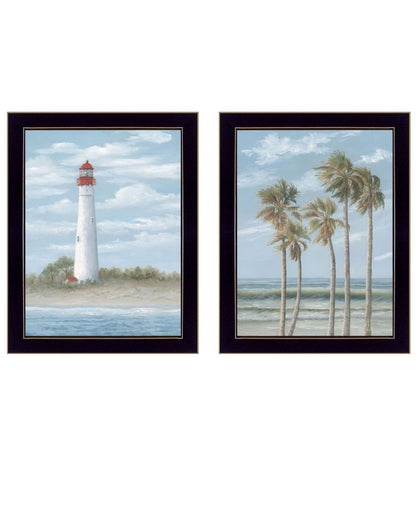 Set Of Two Cape May Lighthouse And Palm Trees Black Framed Wall Art