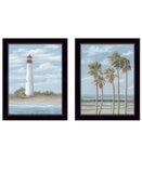 Set Of Two Cape May Lighthouse And Palm Trees Black Framed Wall Art
