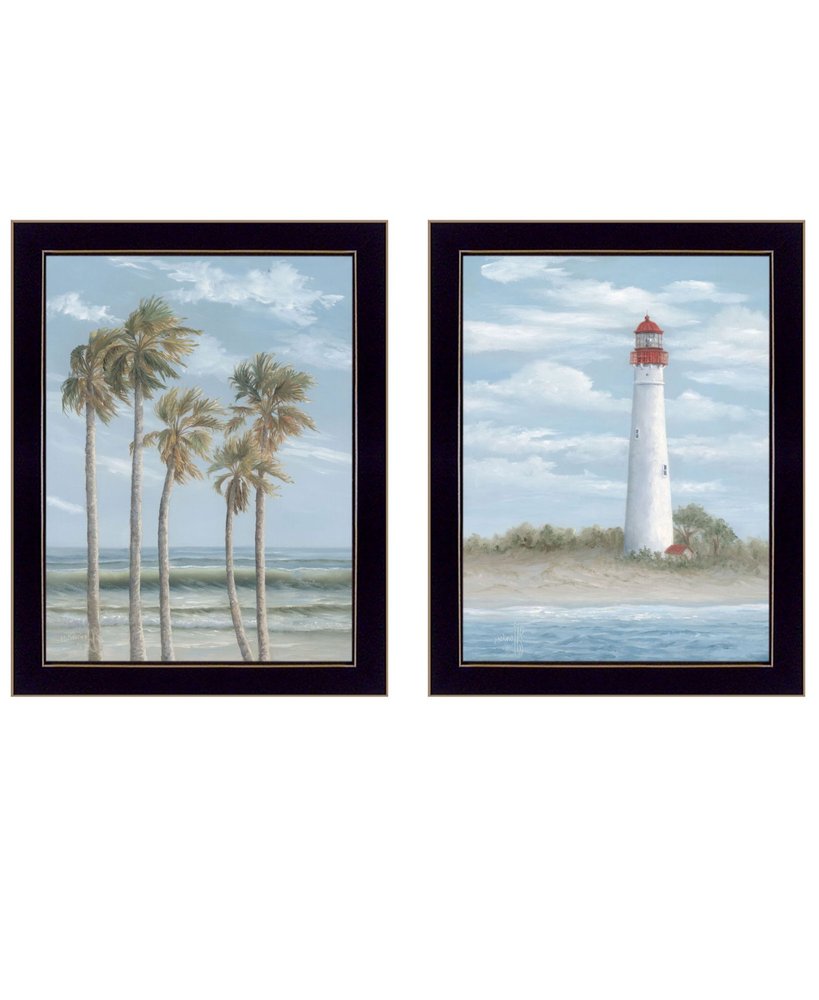 Set Of Two Cape May Lighthouse And Palm Trees Black Framed Wall Art