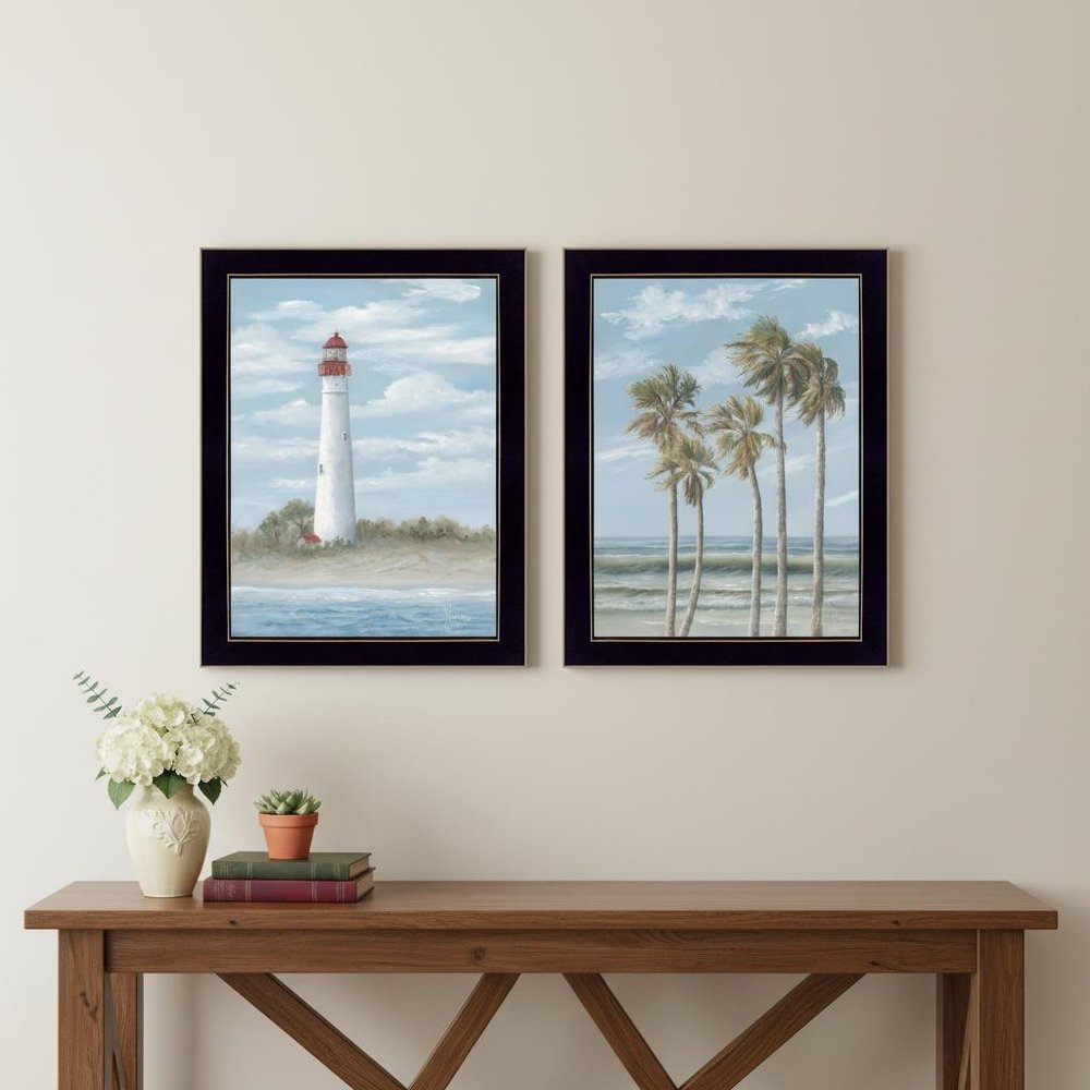Set Of Two Cape May Lighthouse And Palm Trees Black Framed Wall Art
