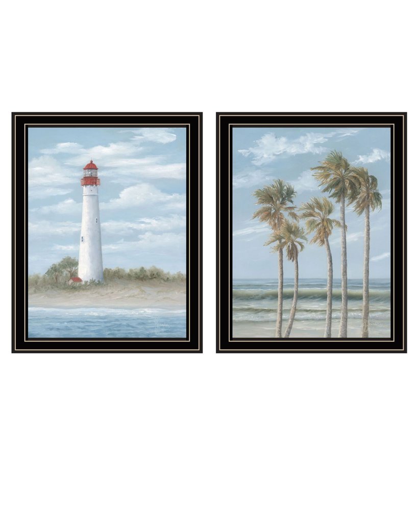 Set Of Two Cape May Lighthouse And Palm Trees Black Framed Wall Art