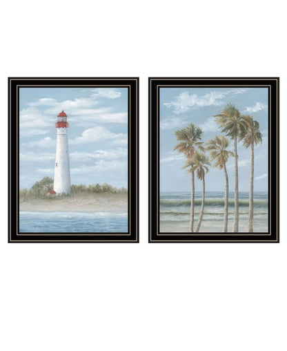 Set Of Two Cape May Lighthouse And Palm Trees Black Framed Wall Art