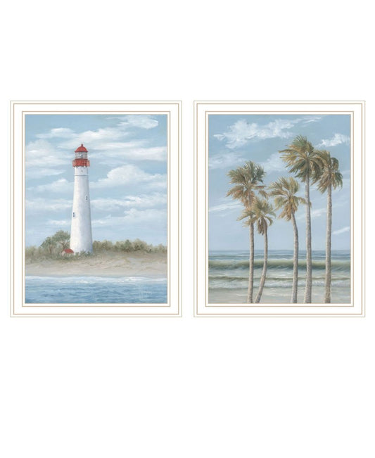 Set Of Two Cape May Lighthouse And Palm Trees White Framed Wall Art