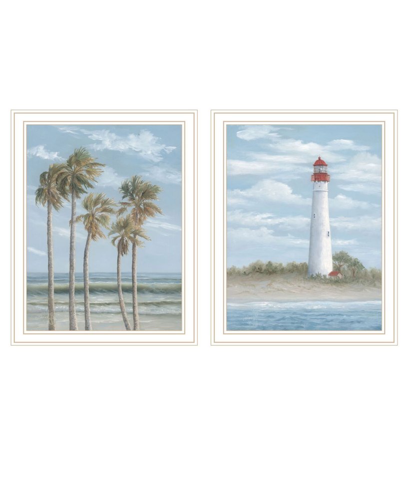 Set Of Two Cape May Lighthouse And Palm Trees White Framed Wall Art